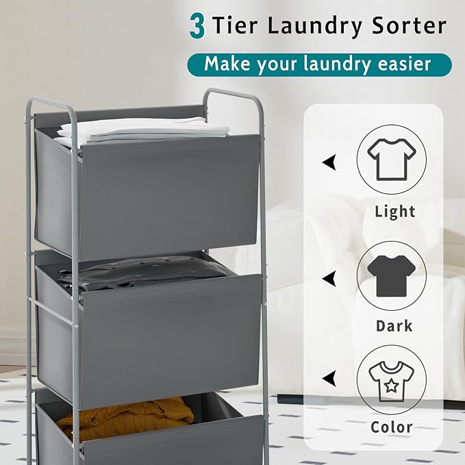125L Vertical Laundry Hamper with Wheels, 3 Section Large Rolling Laundry Sorter with Detachable Inners, Metal Clothes Hamper Laundry Baskets Organizer for Bathroom, Bedroom, Dorm (Gray)