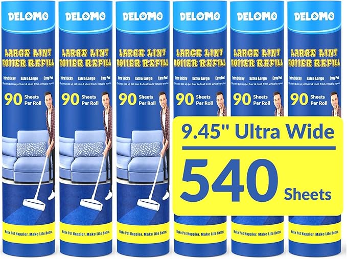 Large Lint Roller Refills: DELOMO 9.45 in Lint Roller Refill (6 Pack, 540 Sheets), Compatible Only with DELOMO Large Lint Roller, for Cleaning Floor, Carpets, Bedding, Couch, Cars, & Pet Hair