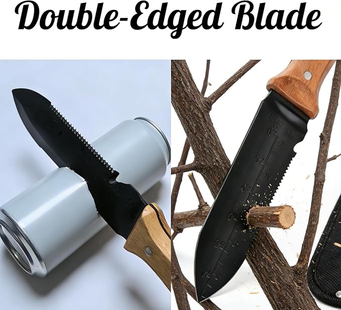 Hori Hori Garden Knife, 7" Stainless Steel Blade Heavy Duty Gardening Tool, Full-Tang Wooden Handle with Hanging Hole & Oxford Sheath for Weeding Digging Planting Cutting