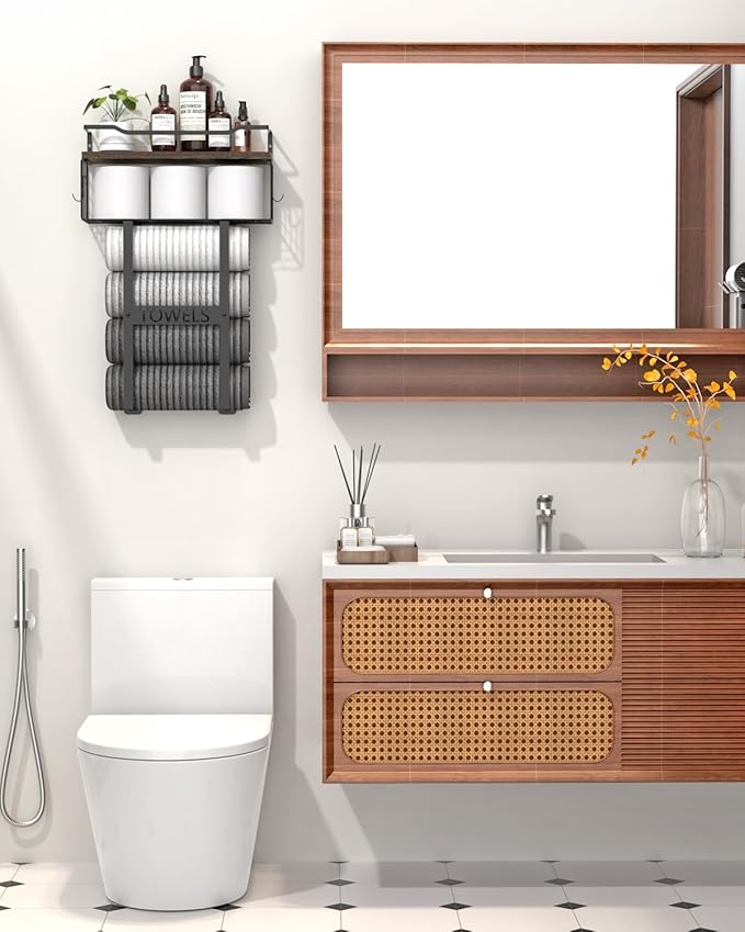 Rustic Brown Wood Vertical Towel Rack - Bath Wall Holder Set Above Toilet Storage, Rolled Towel Shelf Organizer for Small Bathrooms