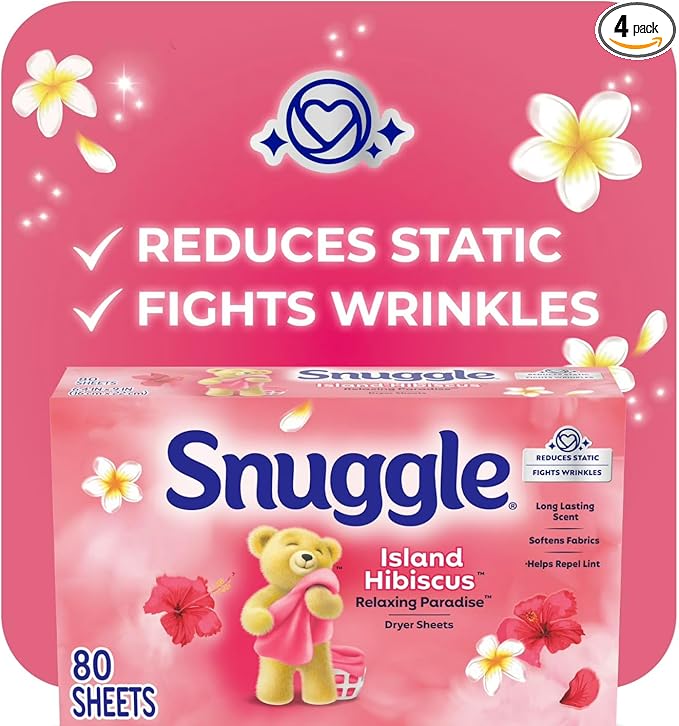 Snuggle Fabric Softner Dryer Sheets, 80 Count (Pack of 4) (Pack Of 8, (80 Sheets), Island Hibiscus Relaxing Paradise)