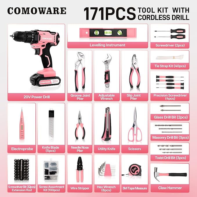 COMOWARE 20V Cordless Drill Set, 171Pcs Pink Home Tool Set with Cordless Drill Driver, Complete Repair Tool Kit for Women, Pink Storage Bag, Ideal for Office, Garden, DIY Project