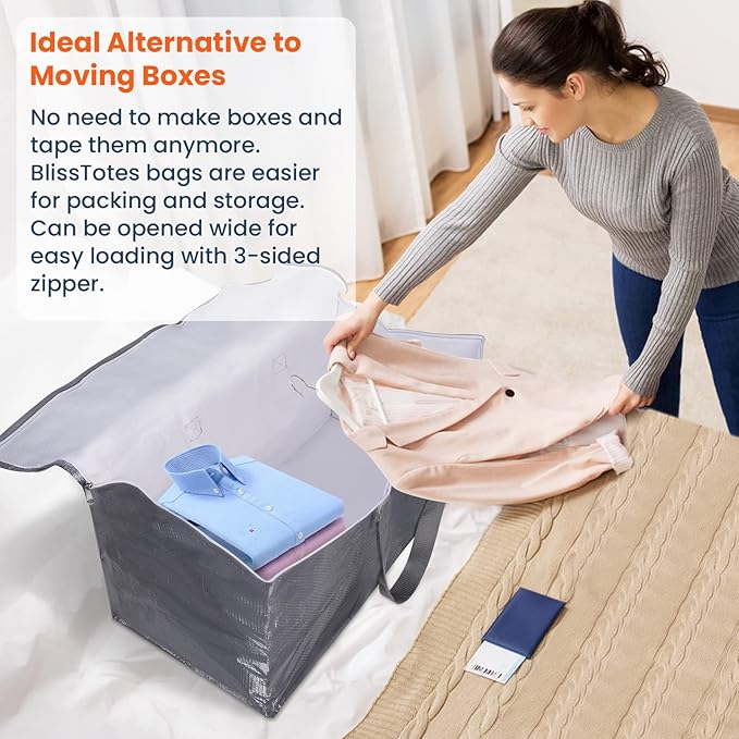 BlissTotes Large Moving Boxes and with Zippers & Handles Moving Supplies with lids, Heavy Duty Totes for Storage Bags for Space Saving, Fold Flat, Moving and Storing 93L, 8 Pack