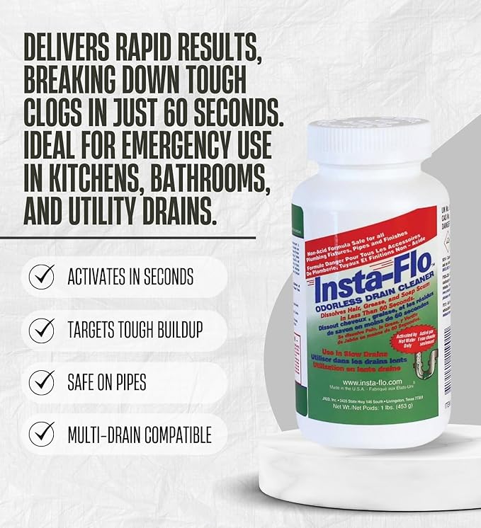 Drain Clog Remover – Insta-Flo Crystals Drain Cleaner 1 lb Bundle with Microfiber Towel – Fast-Acting Non-Acid Powder for Grease, Hair, and Soap Clogs in Drains and Pipes – Gift Set (3 Items)