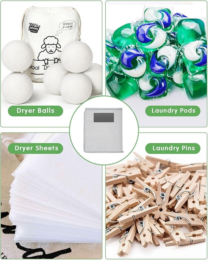 Kevenal Magnetic Wool Dryer Balls Holder - Nylon Bag for Laundry Room Organization - Wool Balls for Dryer Container, Magnetic Laundry Dryer Sheet Holder