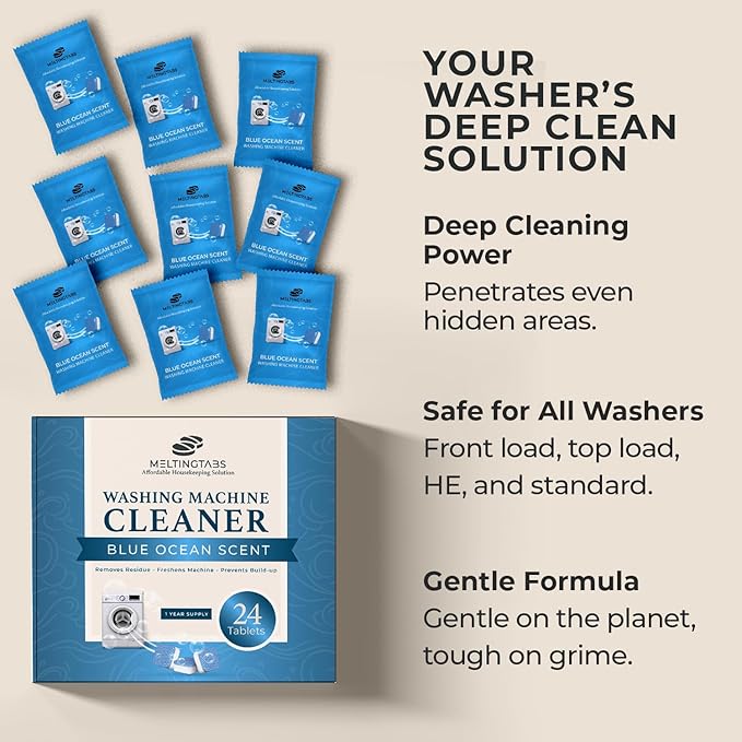 Washing Machine Cleaner Tablets – Deep Clean Washer Descale, Laundry Tub Cleaning Solution, Smell Fresh, Eliminates Buildup & Dirt, For Front & Top Load Washers, Easy-to-Use Tablets, 24 Pack