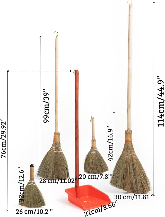 TTS Home Broom and Dustpan Set with 44.9'' Long Handle for Family, Kitchen, Office, and Lobby – 4-Pack Stand-Up Brooms with Dustpan Combo