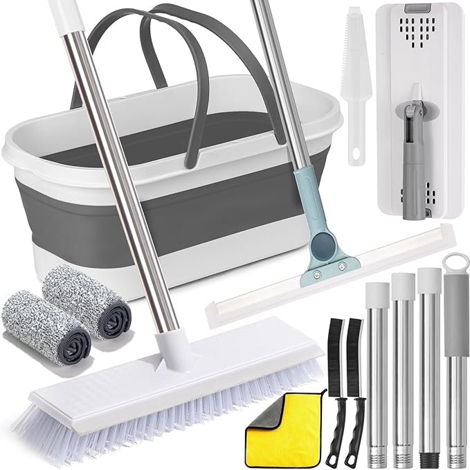 Flat Mop and Bucket Set with Floor Squeegee, Heavy Duty Scrub Brush, 2 Washable Reusable Microfiber Pads, for Tile Hardwood, Wall Cleaning, Home Indoor or Outdoor Cleaning (White-Gray)