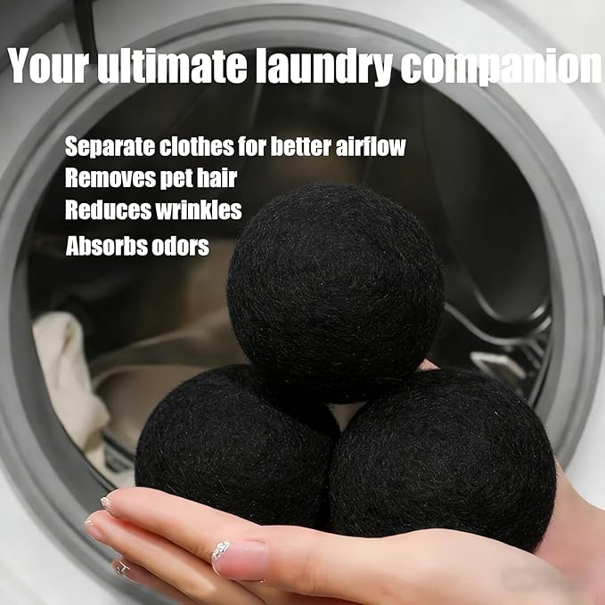 6 Pack Wool Dryer Balls Laundry Reusable Anti Static, Cotton Balls Wool Laundry Balls for Dryer Reduces Clothing Wrinkles Natural Fabric Softener Last 1000+ Loads (Black, 2.75 in/7 cm)