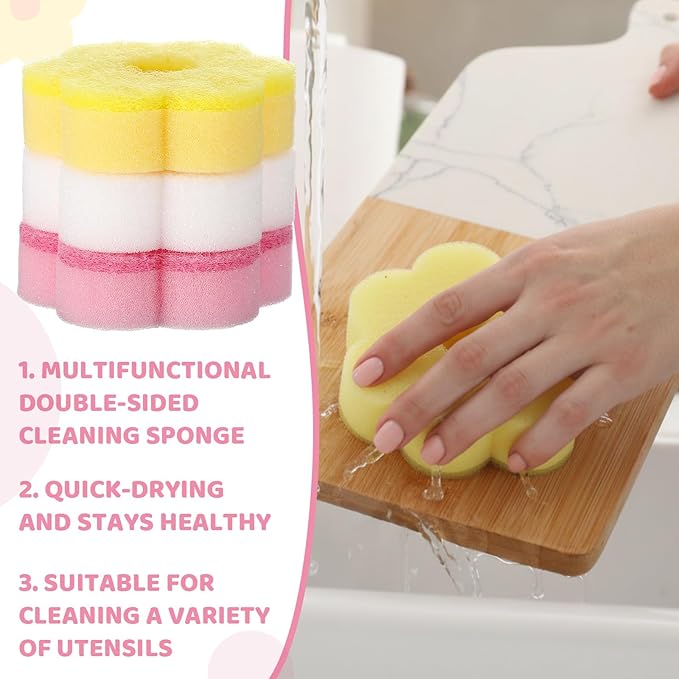 Tioncy 12 Pack Pink Flowers Sponges Bulk Spring Kitchen Decor Dual Sided Scrubber Sponges Dishwashing Kitchen Cleaning Accessories for Household Supplies