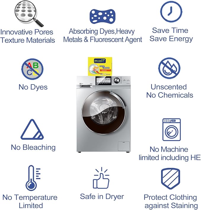 DR. EASY Unscented Color Catcher Sheets, 72 Count, Special Pores Texture, Dye & Fluorescent Remover, Safe for Dryer, Compatible with All Washers & HE, Non-Toxic, All Skin Types