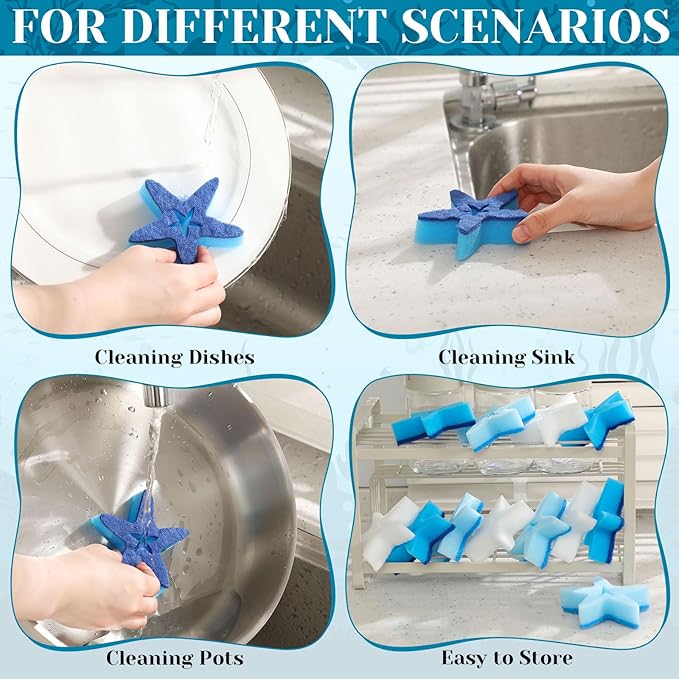 Tioncy 12 Pack Summer Starfish Kitchen Sponges Bulk Dual Sided Scrubber White Blue Starfish Sponges Dishwashing Kitchen Cleaning Accessories for Funny Christmas Household Supplies