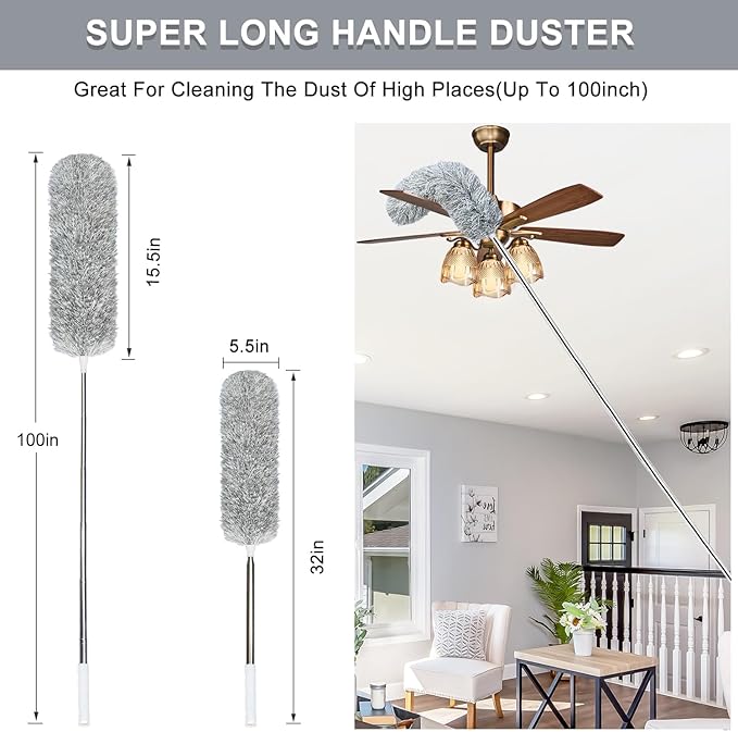 100-inch Extra-Long Dusters, Cleaner Tools with Extension Pole and Bendable and Washable Microfiber Head, Feather Duster for High Ceilings,Ceiling Fan,Furniture