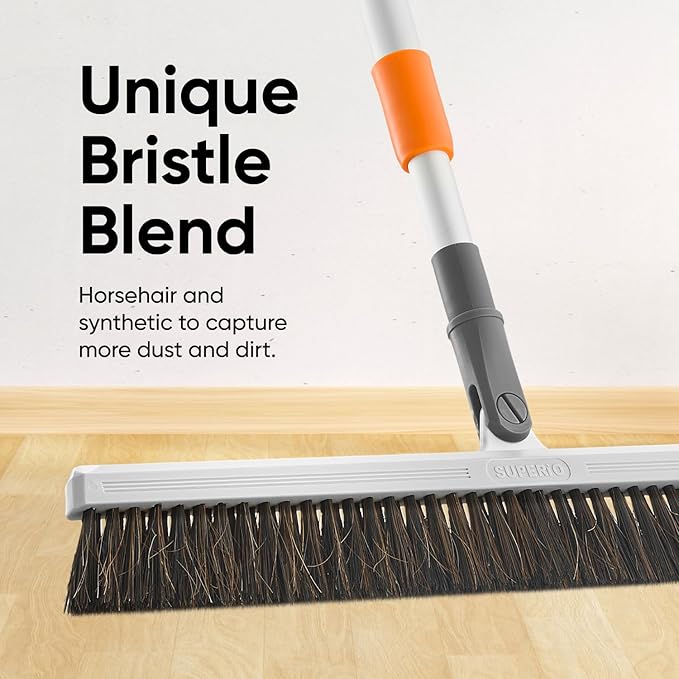 Horse Hair Upright Dust Broom – 18" Swivel Kitchen Sweeper with Soft Bristles for Dog Hair, Hardwood & Tile Floors – Telescopic Handle, Narrow Thin Design