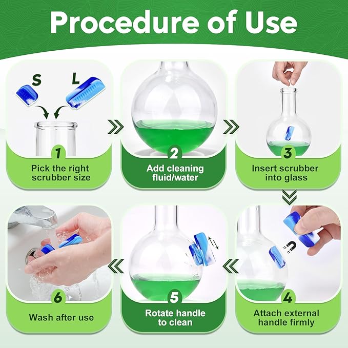 Magnetic Glass Cleaner Kit - Reusable Pipe Cleaning Tool Deep Cleans Hard-to-Reach Stains Two Silicone Brush with Handle Design Versatile for Glassware, Ceramic Surfaces, Blue