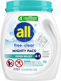 All Mighty Pacs Laundry Detergent Free Clear Odor Relief, Tub, 56 Count