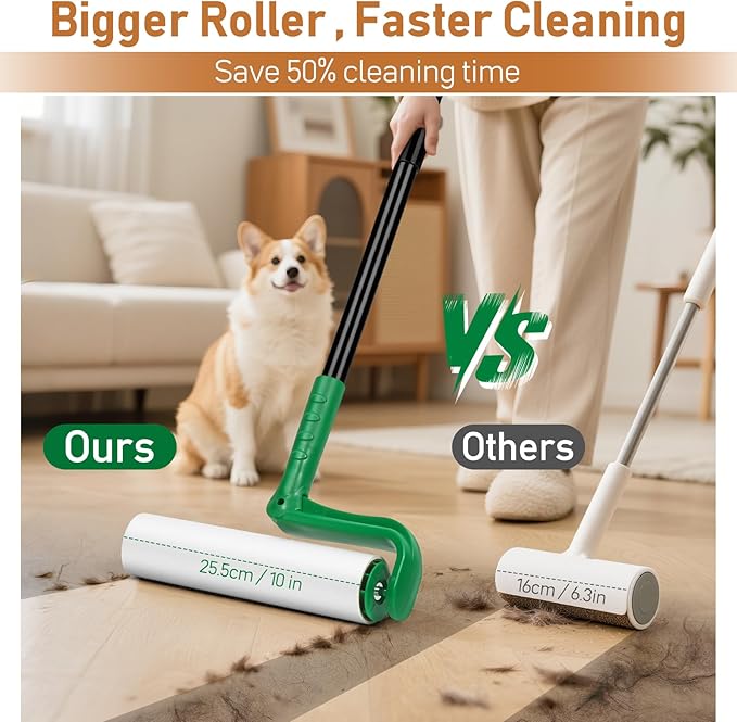 10" Large Lint Roller for Pet Hair Extra Sticky with Extra 3 Refills, Long Handle Floor Sticky Rollers with Big Lint Rollers Refills for Cleaning Carpets, Cars, Furniture
