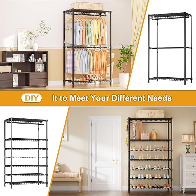 Ulif E13C Max Heavy Duty Closet Organizer System，Freestanding Clothing Racks for Hanging Clothes，Adjustable Garment Rack 86" W x16 D x77 H Hold 1100 lbs，Black Rack with Black Dustproof Cover