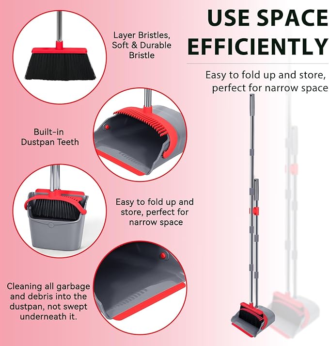 YZO Broom and Dustpan Set, 50.6-Inch Long Handle Standing Design, Dustpan Front Rubber Tight Seal, Broom with 5-Layer Bristles, Suitable for Living Room, Bedroom, Yard, Office and Apartment(Gray&Red)