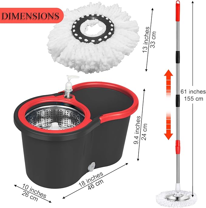 Spin Mop and Bucket with Wringer Set, 360° Spinning Mop Bucket System with 3 Microfiber Mop Replacement Heads and 61" Stainless Steel Adjustable Handle for Floor Cleaning