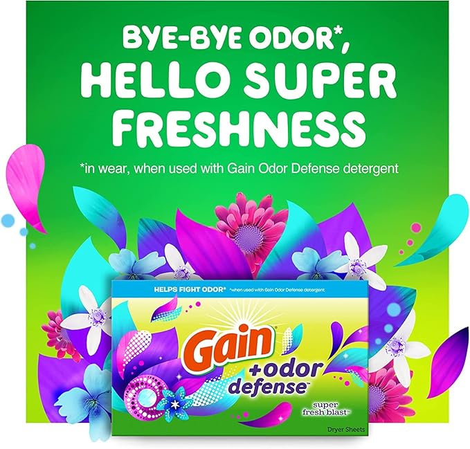 Gain Dryer Sheets Plus Odor Defense, Super Fresh Blast Scent, 240 Count, Helps fight static and odor, laundry sheets