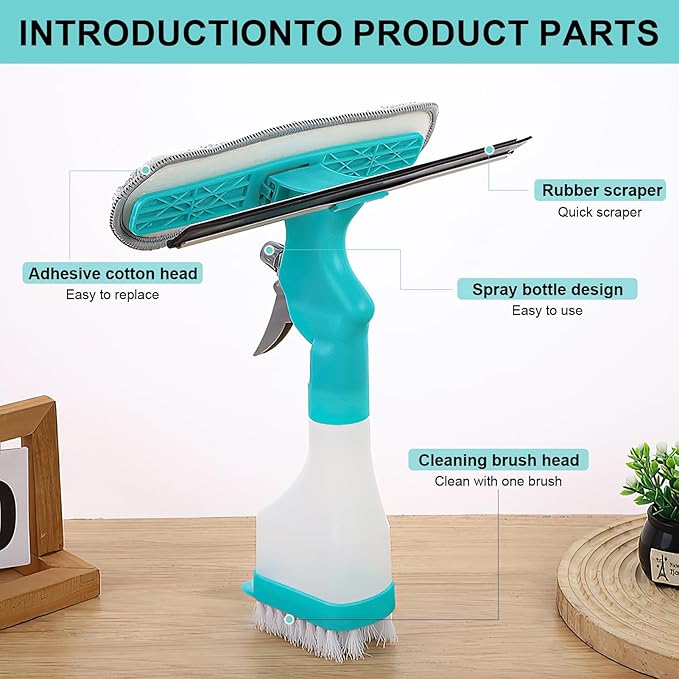 Zerodis Window Squeegee Cleaner with Spray, Mirror Scrub Pad Compact Glass Mop for Indoor Outdoor Bathroom Kitchen