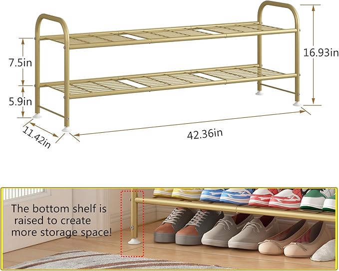 LINZINAR Shoe Rack Long 2 Tier Shoe Storage Organizer Metal Wide Shoe Shelf for Closet Entryway Bedroom 18 Paris Large Capacity, Gold