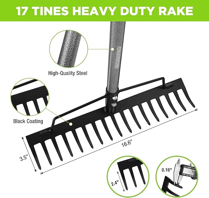 WORKPRO 65 Inch Bow Rake, 17 Tines Metal Head Rakes with High Strength Handle, Heavy Duty Garden Rake with Adjustable Handle for for Loosening Soil, Gathering Leaf, Leveling Lawn, Farming Land