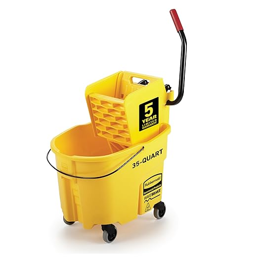 Rubbermaid Commercial Products WaveBrake 35 Qt. Side-Press Mop Bucket and Wringer Combo on Wheels Yellow for Professional/Industrial/Business Heavy-Duty Floor Cleaning/Mopping