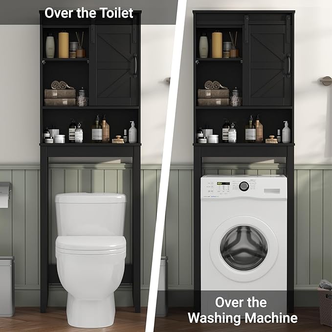 Over The Toilet Storage Cabinet, Bathroom Organizer with Anti-Tip Kit, Adjustable Shelves, Elegant Matte Black Finish Suits Modern Bathrooms.