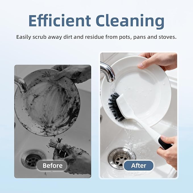 Dish Scrub Brush, 2 Pack Stiff Bristles Cleaning Scrubber Brushes with Non Slip Handle Built-in Scraper, Kitchen Dish Brushes for Cleaning Pans, Pots, Stoves, Sink