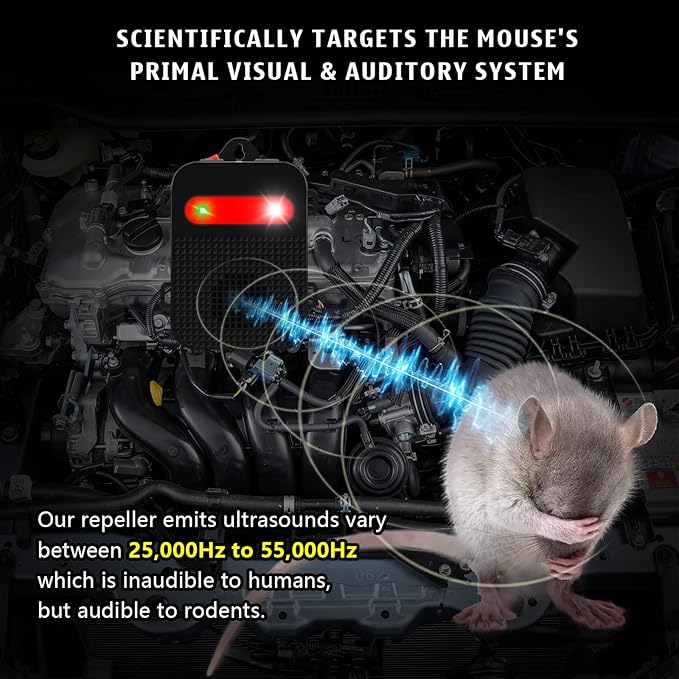 Ultrasonic Rodent Repellent Under Hood Battery Operated Pest Repeller Humane Mouse Repellent for Car Engines Basement Garage Attic Rat Mice Deterrent 2 Pack