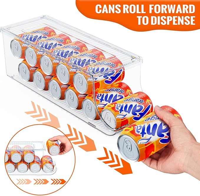 SCAVATA 4 Pack Soda Can Organizer for Refrigerator, Stackable Canned Food Pop Cans Container Can Holder Dispenser with Lid for Fridge Rack Freezer, Clear Storage Bins-Holds 12 Cans Each (Transparent)