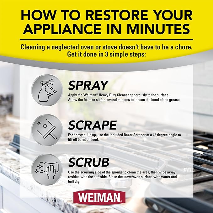 Weiman Heavy Duty Stove and Oven Cleaner 3 Piece Total Clean Kit, For Baked on Grease, Grime, Carbonized Food, Includes Foaming Cleaner (24oz), Precision Razor Tool, Dual-Action Scrub & Shine Sponge