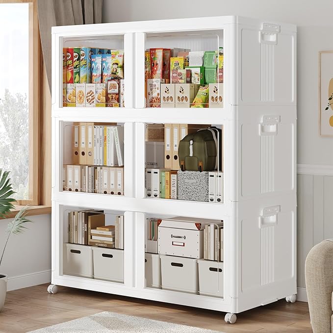 360Qt Stackable Storage Bins with Lid and Wheels, 90Gal Plastic Closet Organizer and Storage Drawer, Large Collapsible Storage Box Cabinet with Clear Door for Home Kitchen Office, 3Pack White