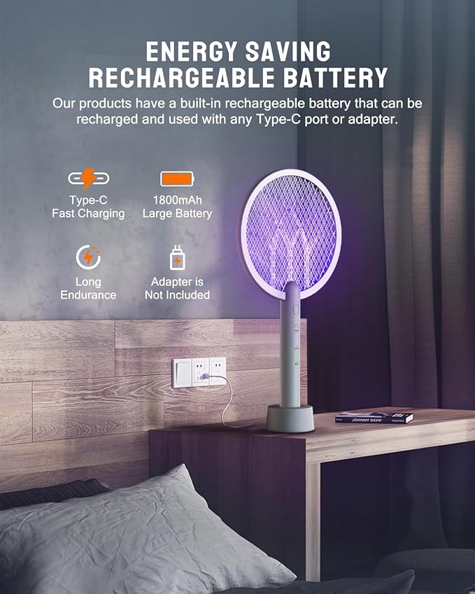 Electric Fly Swatter Racket, Mosiller 2 in 1 Bug Zapper with Type-C Rechargeable Base, 4000V Mosquito Killer with 3-Layer Safety Mesh for Pest Insect Control for Indoor、Office、Camping(Grey-1 Pack)