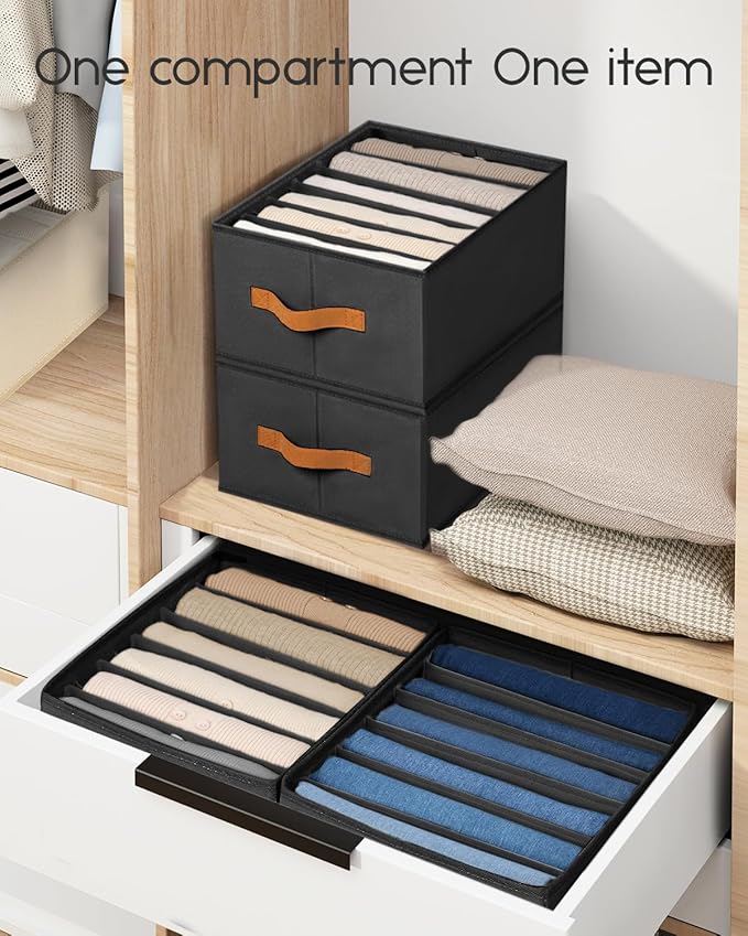 Homsorout Closet Organizers and Storage - Fabric Clothes Organizer with Handles, Foldable Jeans Organizer for Clothes, Drawer Organizer for Shirts, Bra, Sweater, Scarf, 4 Pack, Black