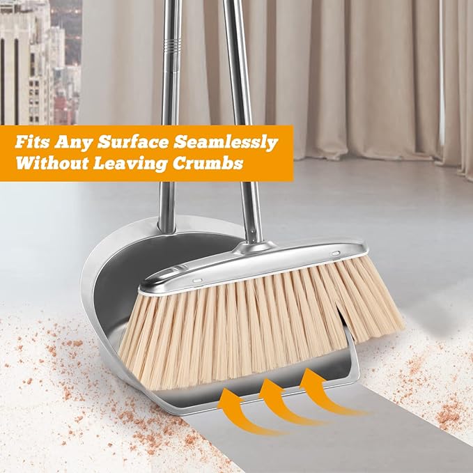 Broom and Dustpan Set with Long Handle, Heavy Duty Broom with Dustpan Combo Set, Windproof Upright Stainless Steel Dust Pan with Kitchen Brooms for Home Office Lobby Indoor Outdoor Use, Khaki