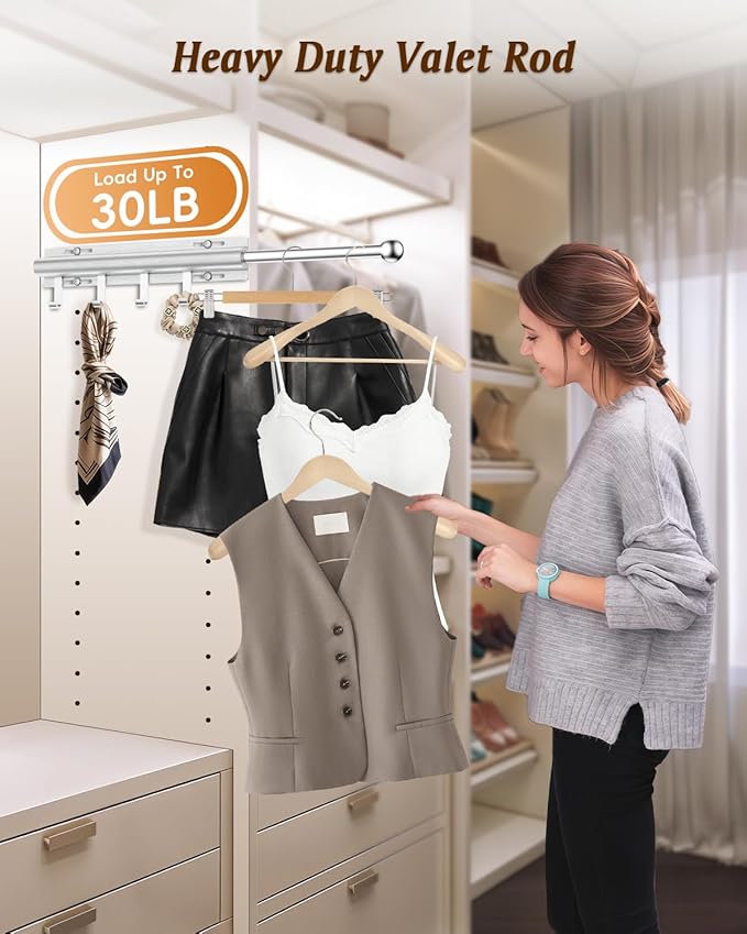 Supforce Valet Rod for Closets, 12" Valet Rod With 4 Hooks, Closet Organizer Slide Out Clothing Hanger Rods Extender Perfect for Suits,Dresses,Belt,Tie, Polished Chrome