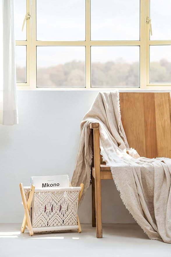 Mkono Macrame Magazine Rack Boho Storage Holder Standing Basket for Books, Newspapers, Swaddle Blanket, Dorm Essentials, Living Room, Bathroom, Office, Nursery, Home Decor, Medium Size, 14”L x 10”W