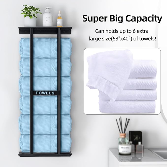 STWWO Towel Racks for Bathroom, Bathroom Towel Storage Wall Mounted 30 inch with Shelf Can Holds 6 Large Towels, Wall Towel Rack for Rolled Towels, Black (Pack of 2)