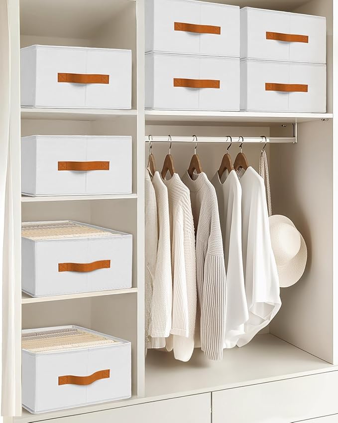 Homsorout Closet Organizers and Storage - Fabric Clothes Organizer with Handles, Foldable Jeans Organizer for Clothes, Drawer Organizer for Shirts, Bra, Sweater, Scarf, 4 Pack, White