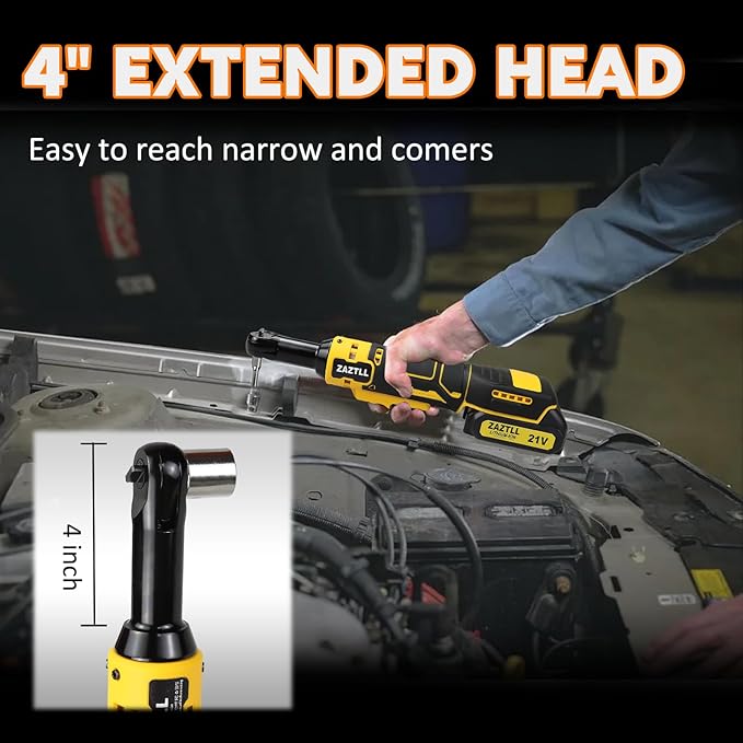 3/8" Cordless Ratchet Wrench Set,60Ft-lbs Extended Electric Ratchet Wrench, 400 RPM Chargeable Power Ratchet Driver with 2 X 21V Lithium-Ion Battery,7 Sockets, 3" Extension Bar, 1/4" Adapter
