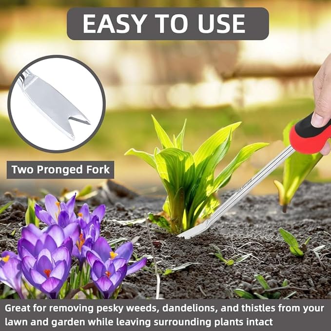 Weed Puller Tool, Dandelion Weeder Puller Tool with Soft Handle, Two-Pronged Fork Weed Remover Tool for Easy Weed Removal, Stainless Steel Garden Weeder Tool for Lawn Farmland Gardening Tools
