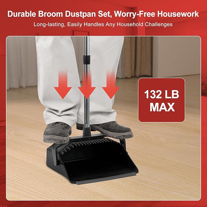 3-Pack Upright Broom with Dustpan Combo Set, Commercial Broom and Dustpan Set, Industrial Brooms and Dust Pan with Long Handle for Restaurant Kitchen Shop Warehouse Lobby Garage - Black