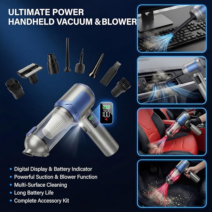 Handheld Car Vacuum Cleaner, 20000Pa High-Power Cordless Vacuum with 6000mAh Battery, LED Light, Washable HEPA Filter, Large Dust Cup, Lightweight Mini Vacuum for Car/Home/Pet Hair