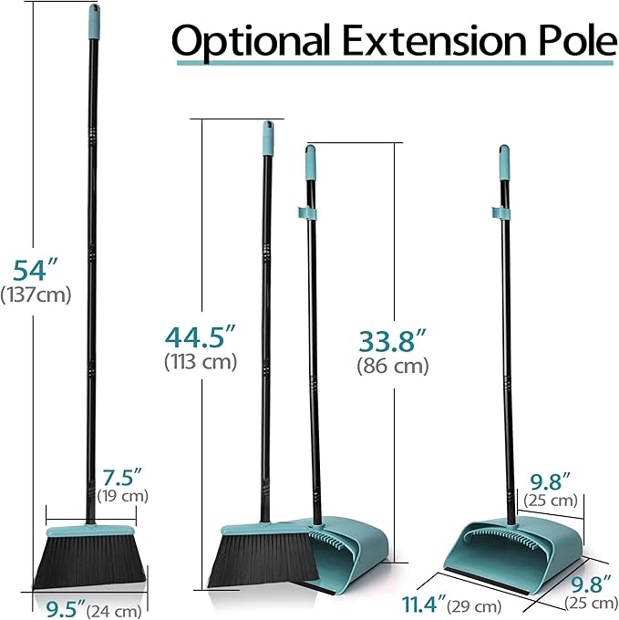 JEHONN Broom with Dustpan Combo Set, Long Handle Lightweight Indoor Broom Set, Upright Standing Dust Pan with Comb Teeth Store Sweep Set for Home Room Kitchen Office Lobby (Grey-Green)