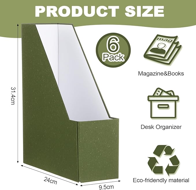 Gueevin Set of 6 Magazine File Holder Stylish Sturdy Cardboard File Boxes Desk Magazine Organizer Rack with Gold Label Holder to Organize Your Desk or Shelves for Home Classroom Office Library(Green)