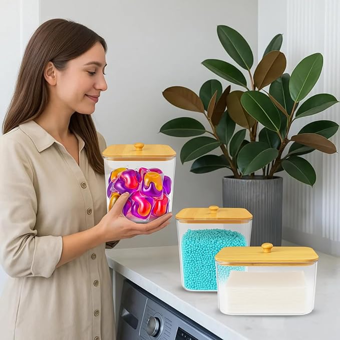 2+1 Laundry Pods Container and Dryer Sheet Holder Set, Clear Laundry Room Organization Containers with Bamboo Lids, Scoops, 10 Labels & 20 Clothespins, Laundry Containers for Pods and Powder