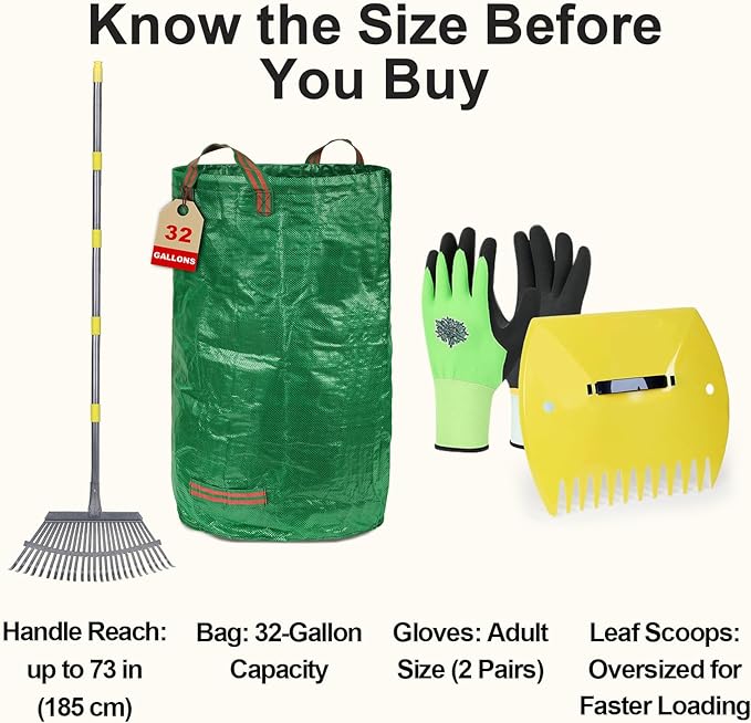 Adjustable Garden Rake for Leaves 36 to 73 Inch 25 Tines with Leaf Scoops, 32 Gallon Self Standing Yard Waste Bag Hoop, 2 Pairs Latex Coated Gloves